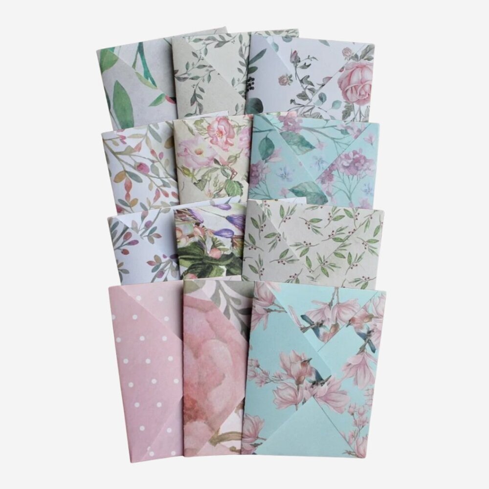 12pk Handmade Pink Floral Stationery,  3”x4” envelopes with enclosure cards